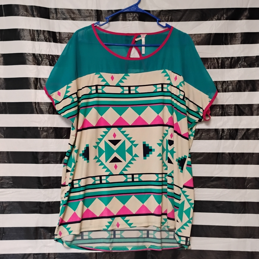 Style & Co. Teal Cream and Pink Aztec Print Short Sleeve Blouse